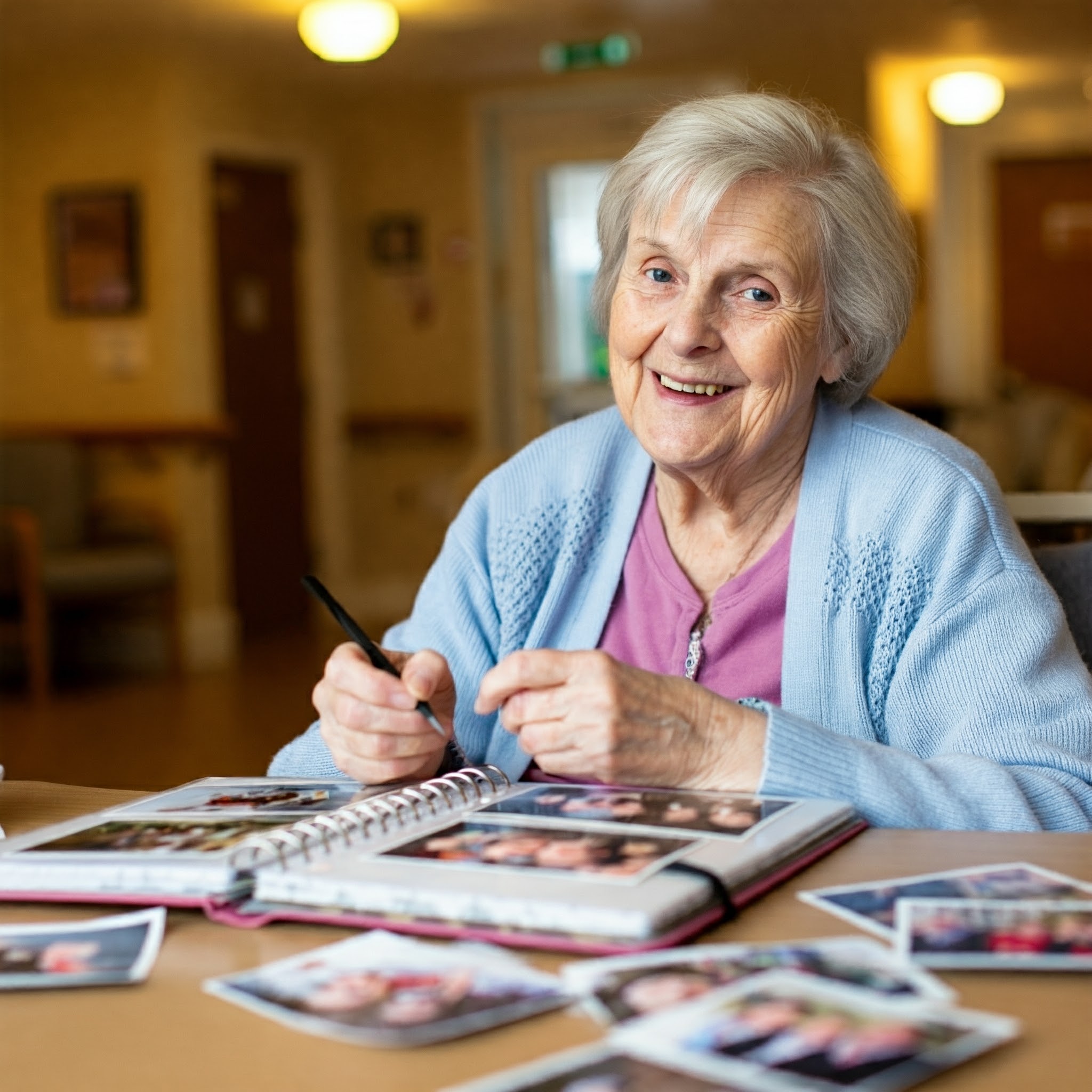 A dementia resident with a photo scrap book activity