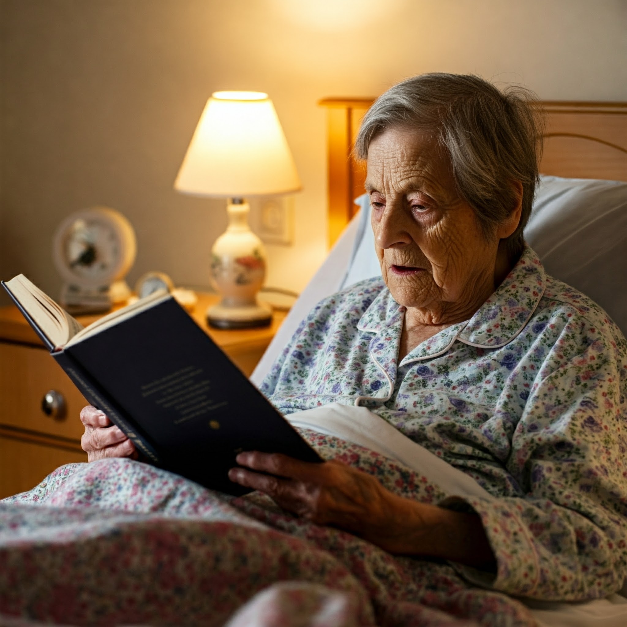 A resident sitting in bed with a book