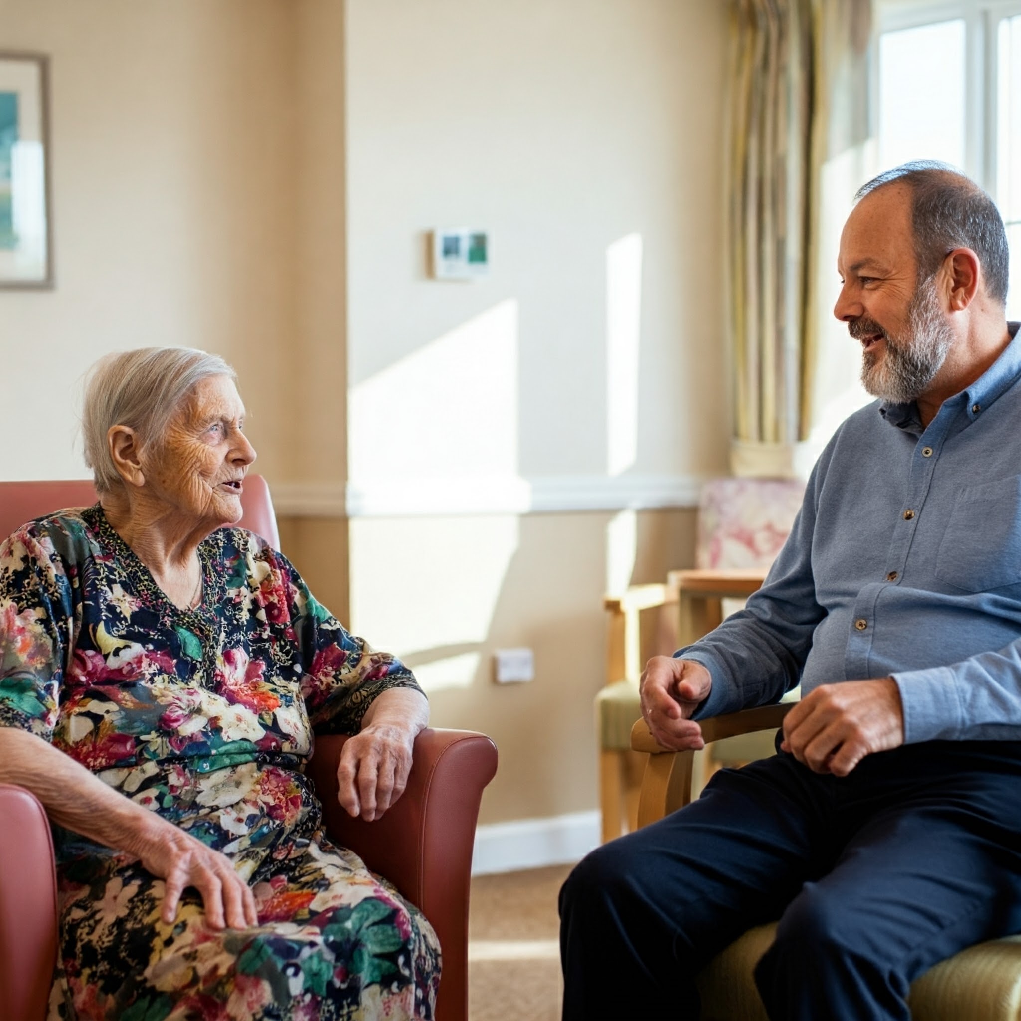 A resident and loved one chatting