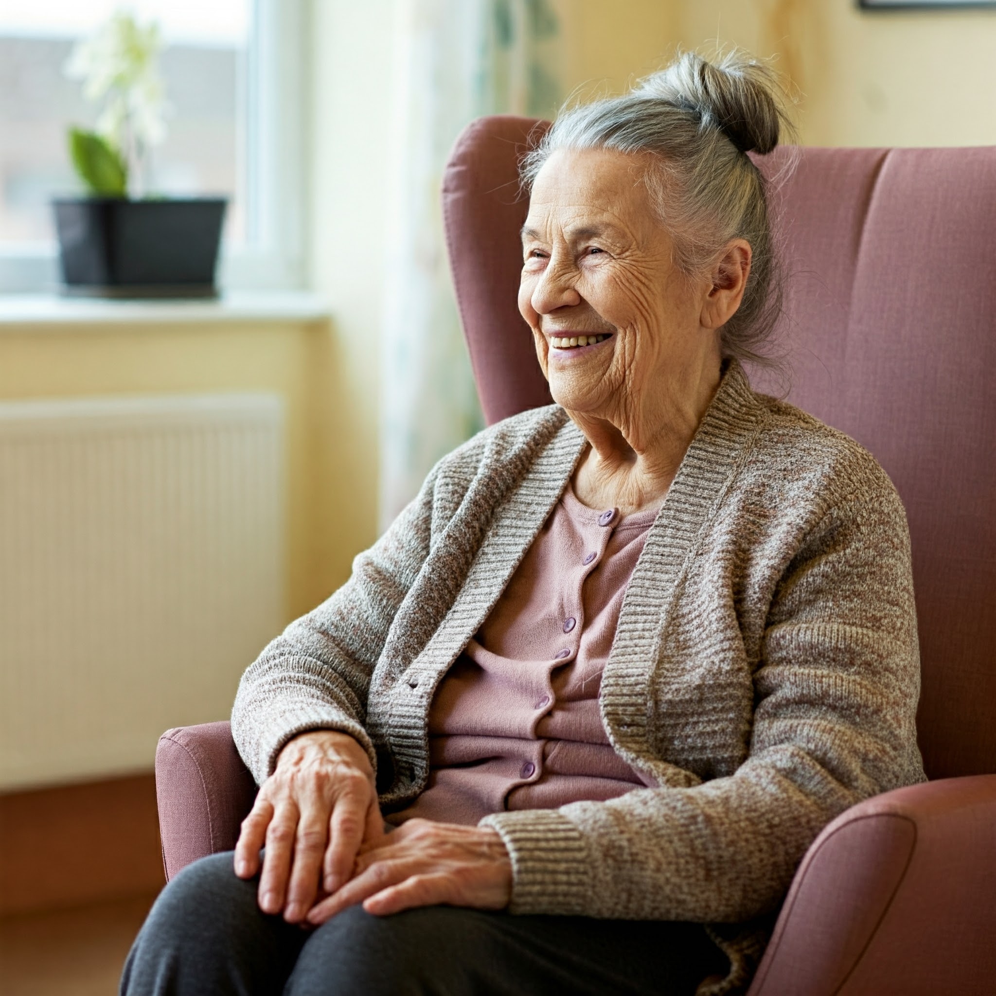 A resident sat in a lounge chair