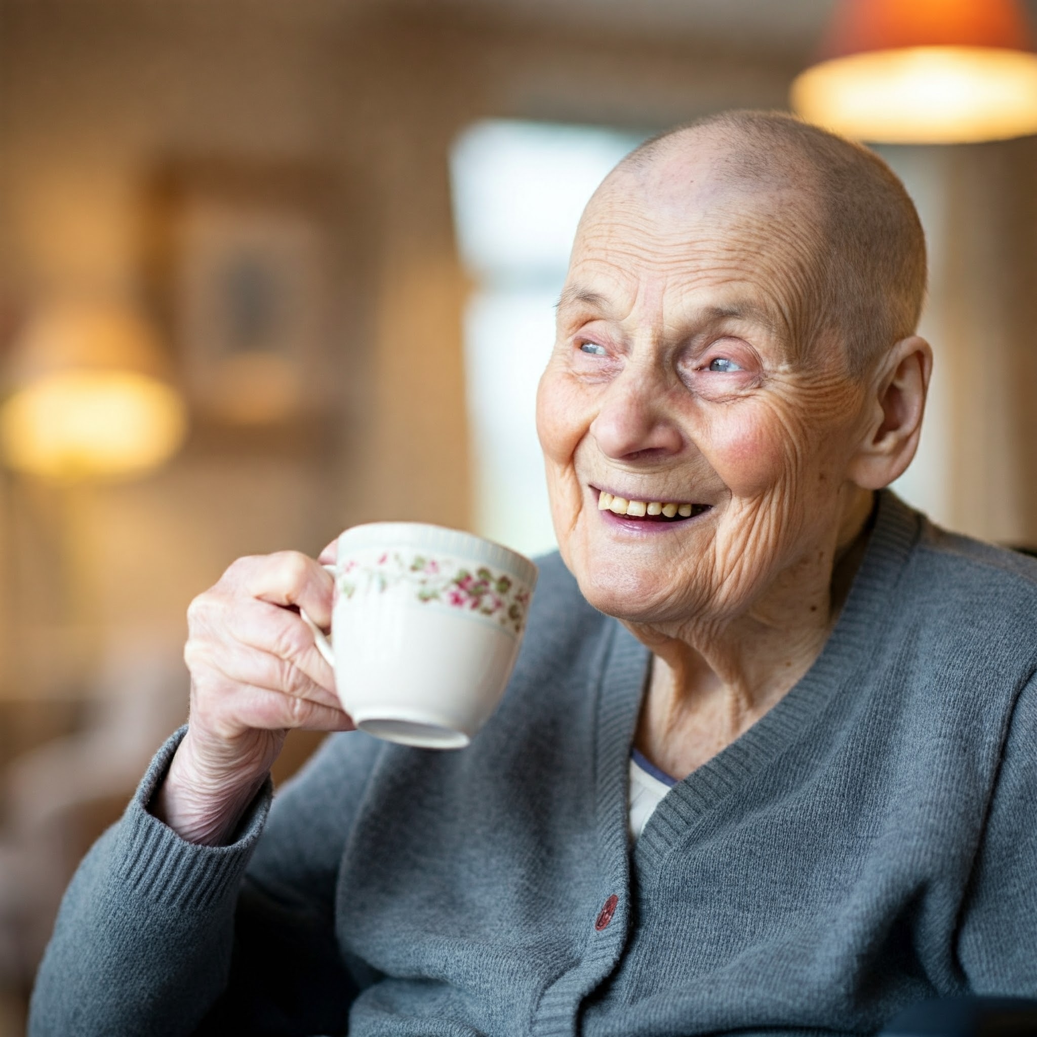 A palliative resident enjoying a cup of tea