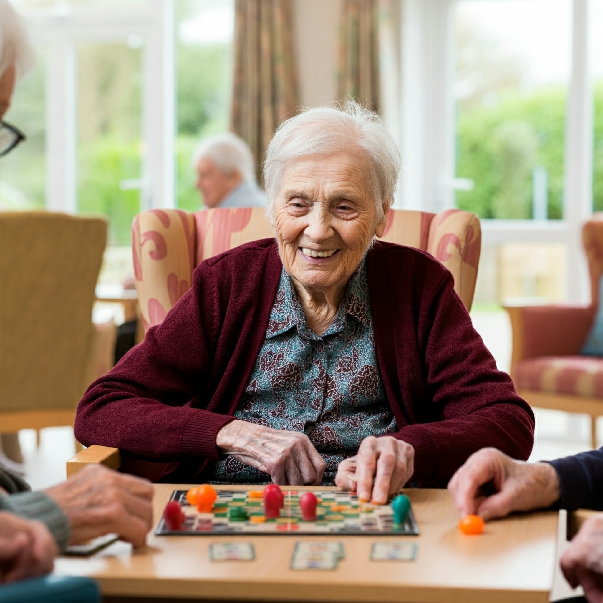 A resident playing a board game with others