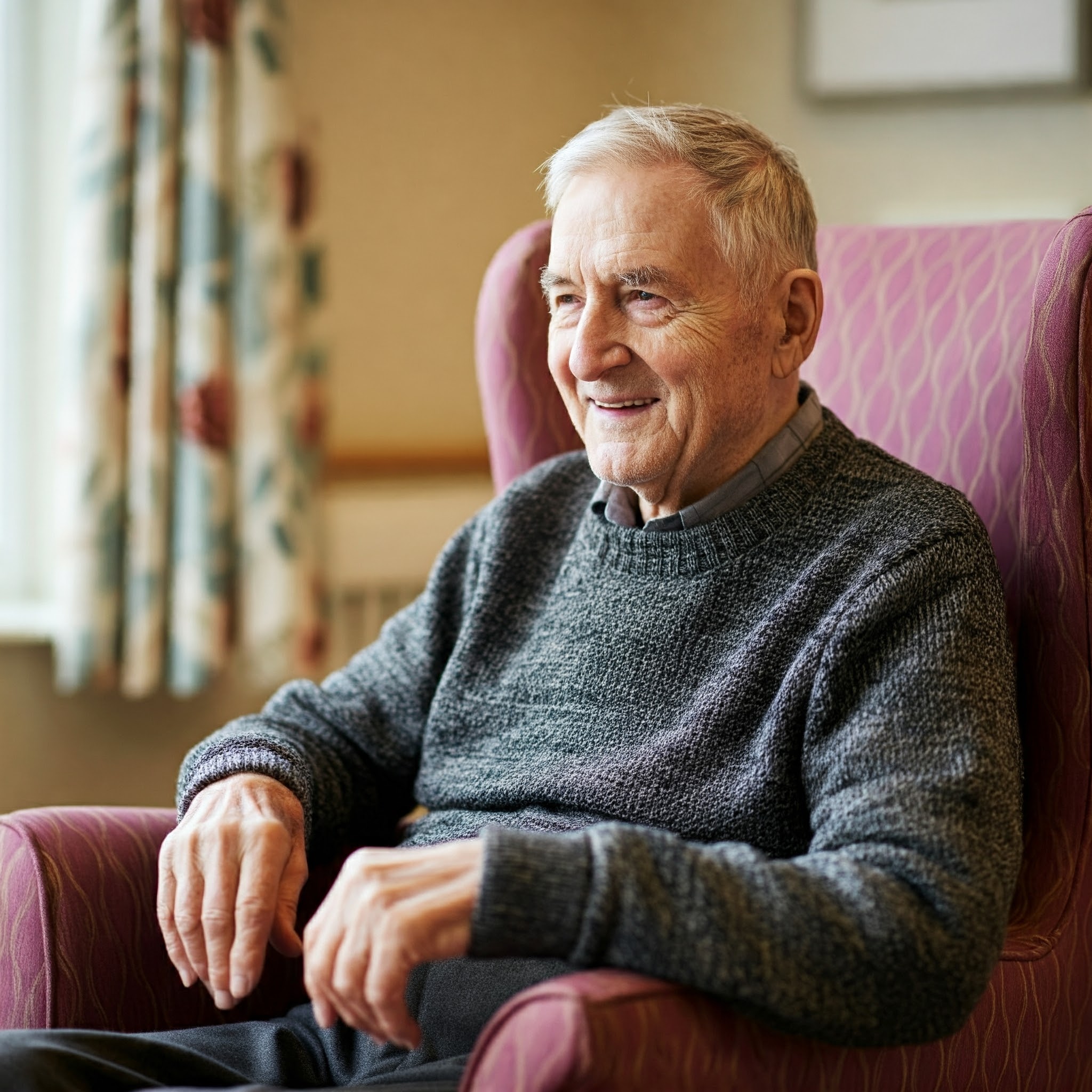 A resident sitting comfortably in a chair