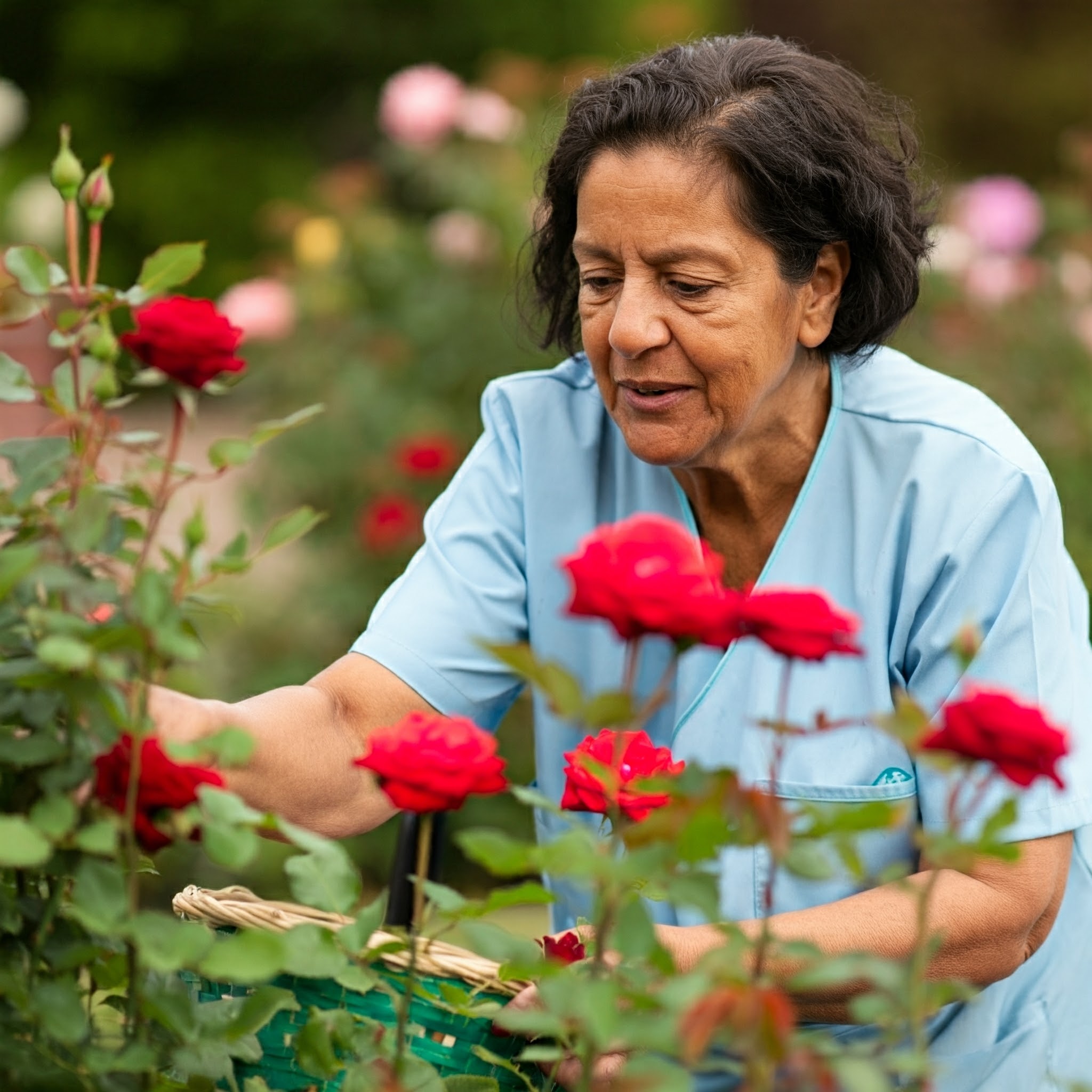 Respite care resident picking flowers in the garden