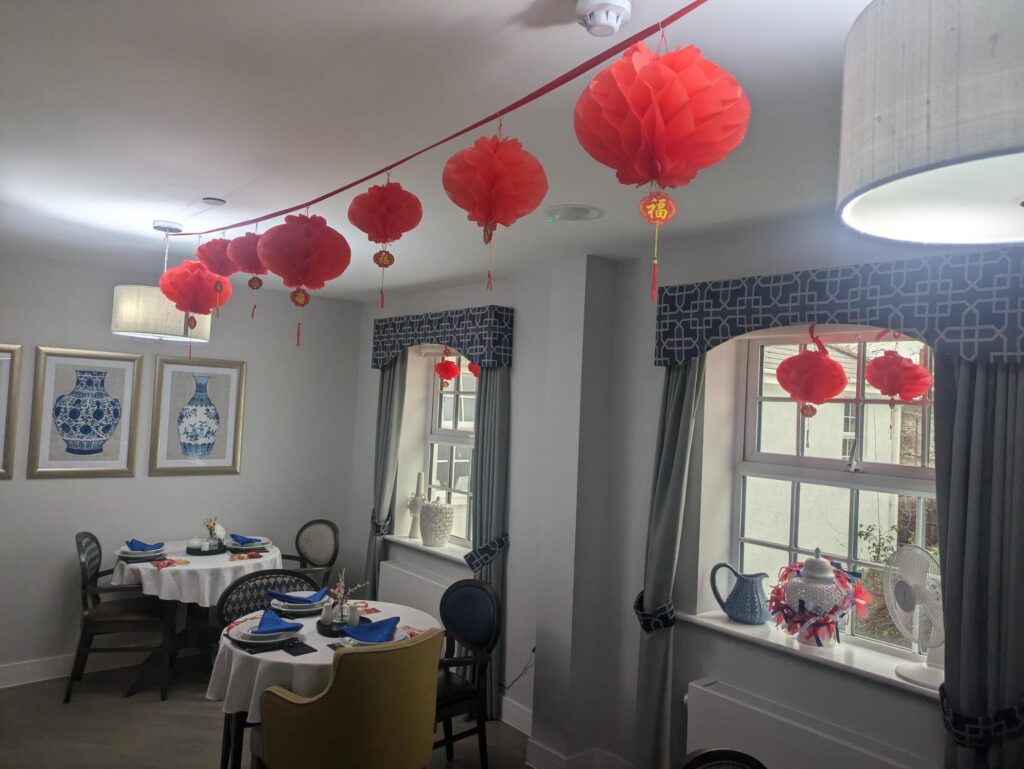 our dining room decorated for the chinese new year with lanterns