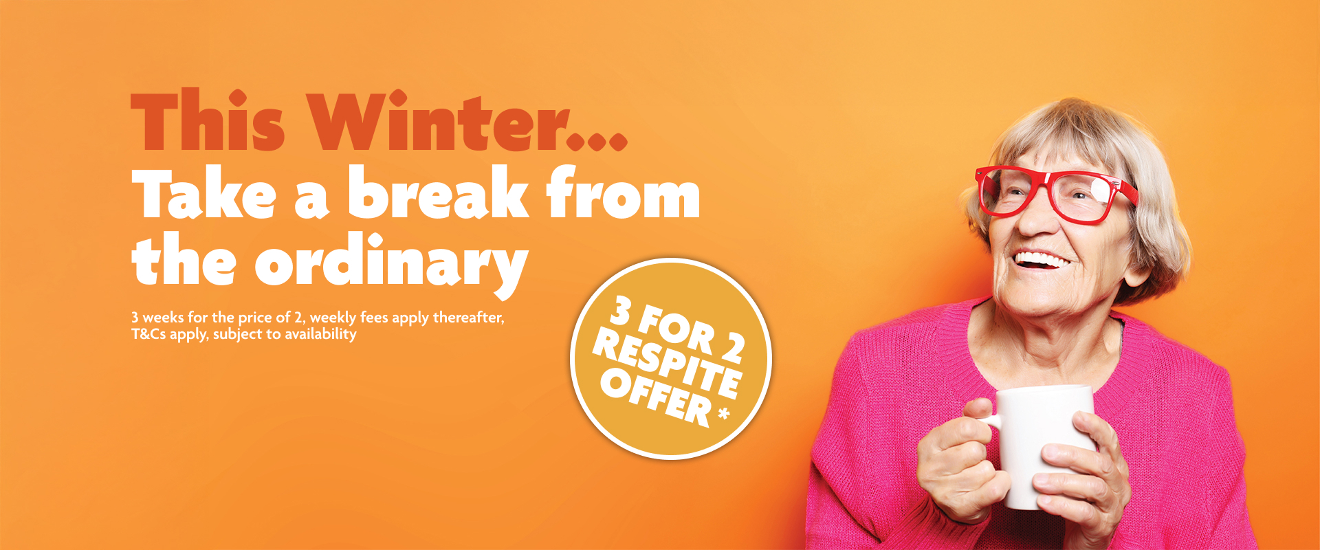 3 for 2 respite care banner with lady in pink jumper